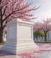 White marble memorial, pink cherry blossoms blooming , USA, beautiful