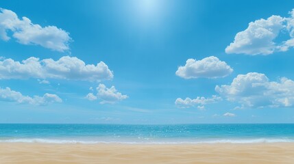 Obraz premium Stunning beach landscape with azure sky and fluffy white clouds breathtaking view
