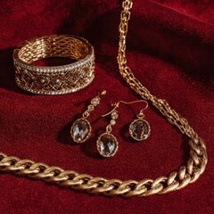 Gold jewelry set on a rich red velvet background.  Elegant and luxurious.