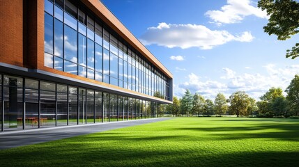 Modern Glass and Brick Office Building with Lush Green Lawn under Sunny Sky