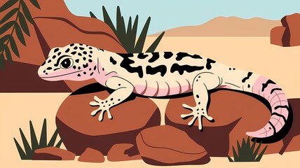 A stunning leopard gecko resting on a rock in a desert landscape