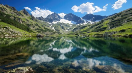 Crystal Clear Mountain Lake Reflecting Majestic Peaks