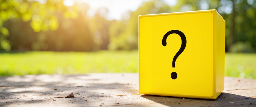 Yellow question mark box in sunlit outdoor scene, curiosity symbol