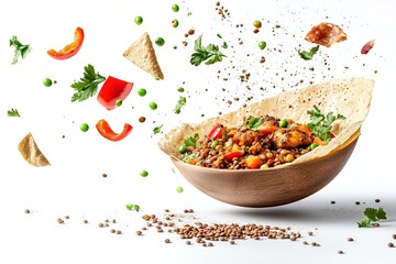 Colorful ingredients exploding from a bowl of healthy meal.