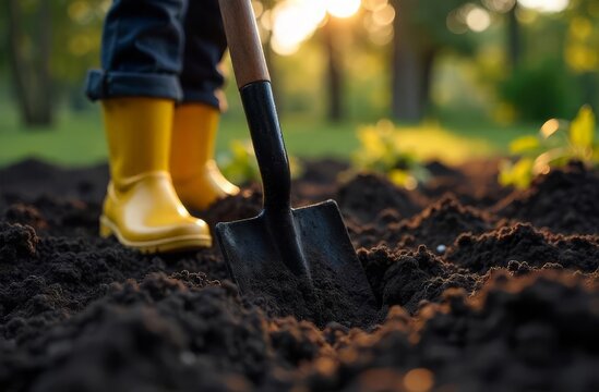 The bayonet shovel stucks in the ground, digging up the soil. Spring work. In the background, feet in yellow rubber boots are visible.