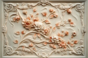 Ornate floral relief design on a cream-colored panel.