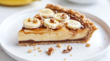 Banana pie slice with caramel and pecans on a white plate against marble