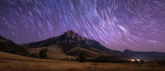 Majestic mountain landscape under a breathtaking night sky filled with star trails. The purple hues paint a serene and captivating scene.