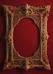 Intricate gold scrollwork frame on deep crimson velvet , sophisticated, regal