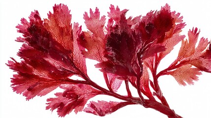 Vibrant Beautiful Red Rhodophyta Seaweed Pressed on White Background