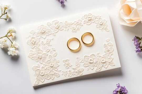 Elegant wedding invitation card with golden rings and delicate embroidery on white background, minimalist marriage save-the-date design