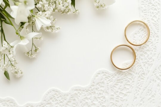 Elegant wedding invitation card with golden rings and delicate embroidery on white background, minimalist marriage save-the-date design