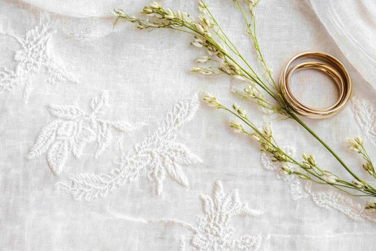 Elegant wedding invitation card with golden rings and delicate embroidery on white background, minimalist marriage save-the-date design