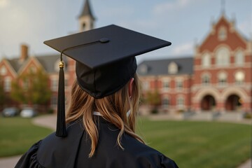Graduate wearing cap looking at university building in autumn  