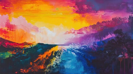 Chromatic riverine landscape rendered in vibrant hues, capturing natures raw beauty