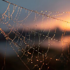 A spiderweb glistening with morning dew, bathed in the warm glow of sunrise. Nature's intricate artistry at its finest.