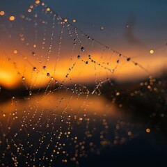 Dew-kissed spiderweb at sunrise. The warm orange light creates a magical scene.