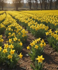 Sunlit daffodil field, vibrant yellow blooms, springtime countryside ,  seasonal,  outdoor