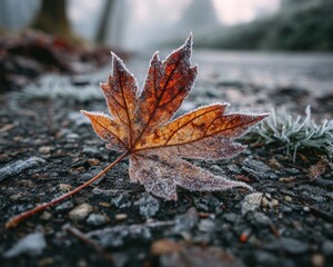 A single frost-covered leaf rests on a gravel path, a serene autumn scene.