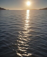 Fototapeta premium Distant sun creates shimmering water patterns, gentle ripples, shimmer, green, surface