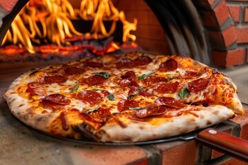 Delicious pepperoni pizza baking in a wood fired oven