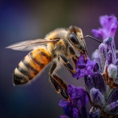 A close-up of a honeybee collecting pollen from a purple lavender flower. The bee's intricate details are beautifully captured against the soft purple background.