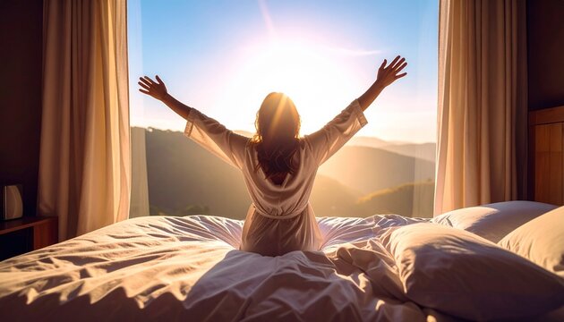 Mujer Sonriente Sentada en la Cama Disfrutando la Luz de la Ma&ntilde;ana - Despertar, Relajaci&oacute;n, Dormitorio