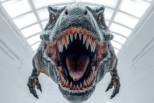 A ferocious dinosaur's menacing head and mouth.