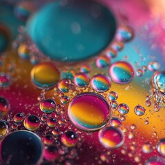 Vibrant abstract close-up of colorful oil droplets on water, creating a mesmerizing blend of teal, pink, and gold hues.
