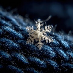 A single snowflake delicately rests on a deep blue woolen surface. The intricate details of the ice crystal are highlighted against the dark background, creating a stunning winter scene.