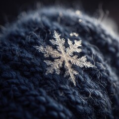 A single snowflake delicately rests on a dark blue knitted fabric.  The intricate details of the ice crystal are highlighted against the soft texture.