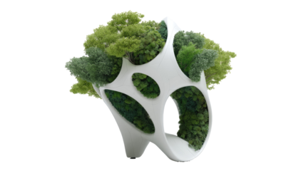 Futuristic air-purifying sculpture with embedded greenery on transparent background