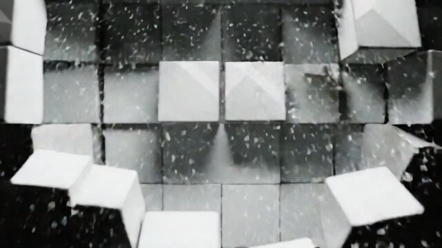 Background of many moving squares for transition. Design. Solid background splits into many squares and is assembled like puzzle. Spectacular and elegant transition with moving squares on black