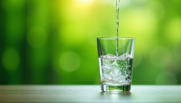 Water Pouring Into Glass With Green Background