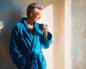Mature man in a teal bathrobe enjoys a morning cup of coffee by the window, sunlight illuminating the scene.