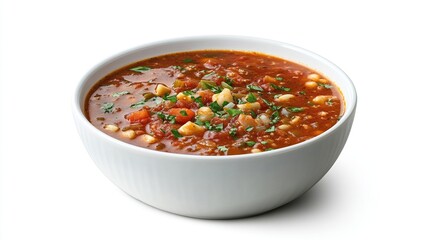 Thick, savory tomato-based soup with diced vegetables, herbs, in a white bowl