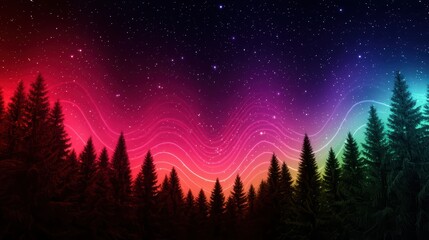 Naklejka premium Vibrant Night Sky with Colorful Gradient and Starry Background over Silhouette of Pine Forest