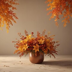 Warm-toned floral arrangement, autumn leaves, sunlit  ,  maple,  floral