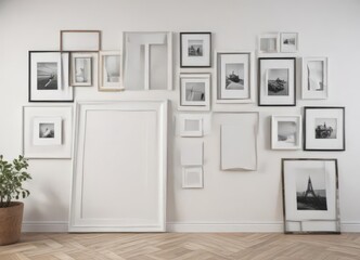 White wall with assorted frame sizes and styles; customizable photo frame gallery mockup, display, frame template
