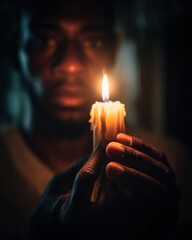 A young Black man gently holds a flickering candle, creating a warm, intimate moment in the dim light.