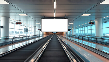 A baggage claim area in a hall of a contemporary airport arrival zone with luggage conveyor belt and a mock-up of a long white empty advertising or information billboard and tv plasma screen, digita