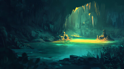 Exploring an enigmatic underground cave illuminated lake photography adventure serene environment unique perspective. [Subterranean Echo] | Sonar Stone | cave signal. Illustration