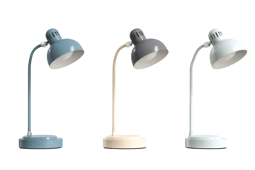 Three stylish desk lamps in different colors blue gray white