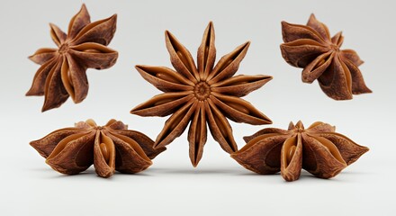 Slightly Rotating Star Anise Spices Shimmering in Light on White Background