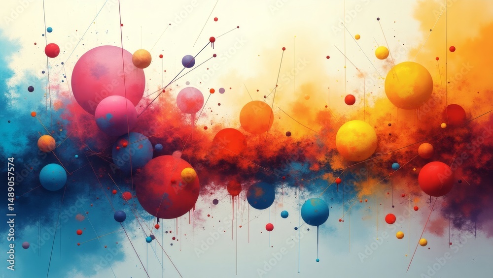 Aufkleber A vibrant abstract composition with colorful floating spheres and clouds. The image bursts with dynamic energy, showcasing a lively interplay of hues and forms