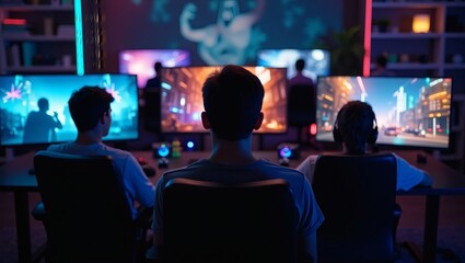 Three gamers engrossed in a multiplayer video game, sitting in a brightly lit gaming room with multiple monitors