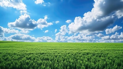 Lush green field under a vibrant blue sky dotted with fluffy white clouds.  A vast expanse of fresh, healthy vegetation stretches across the horizon