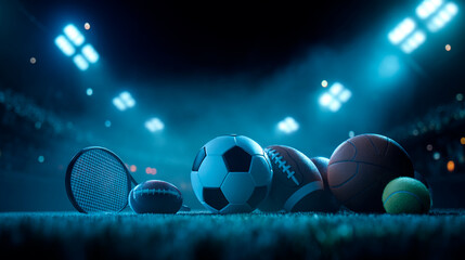Various types of sports balls displayed on a football field at night,