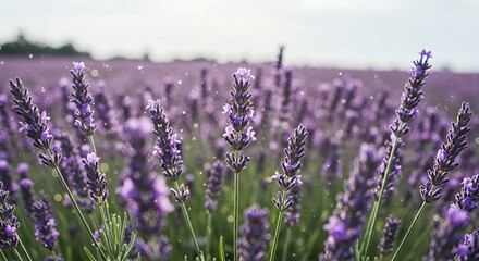 Vibrant Lavender Sprigs with Glistening Dew Drops Swaying Gently in Sunlight at Eye Level