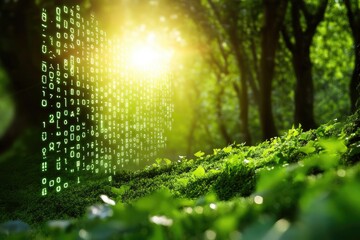 Digital code overlaying lush forest